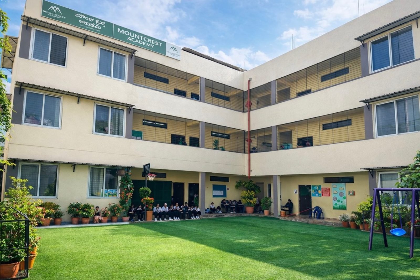 The green turf courtyard at Mountcrest Academy