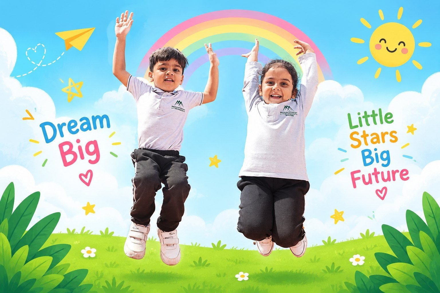 Two Mountcrest Prep students jump for joy under a rainbow, with the words Dream Big and Little Stars, Big Future